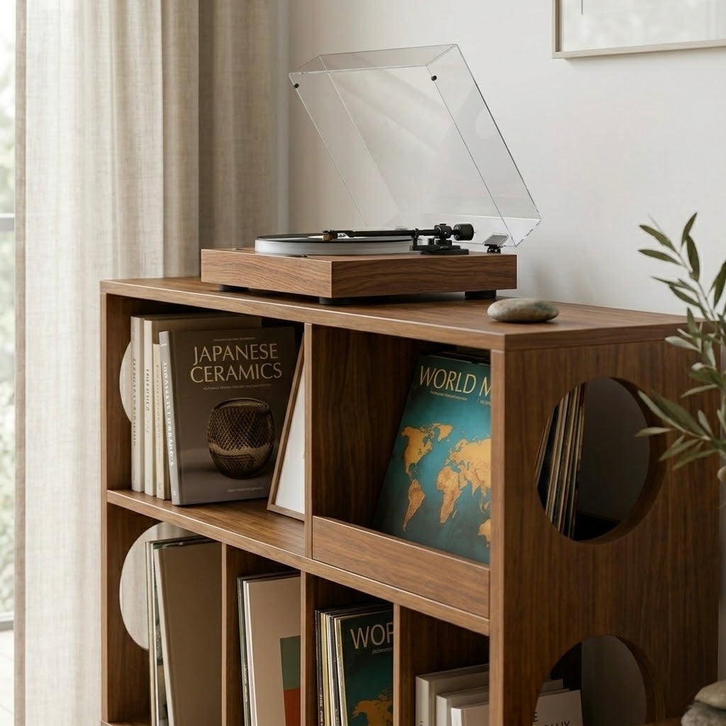 Record Player Stand with Vinyl Storage, Solid Wood Media Console, Mid Century Modern LP Record Cabinet