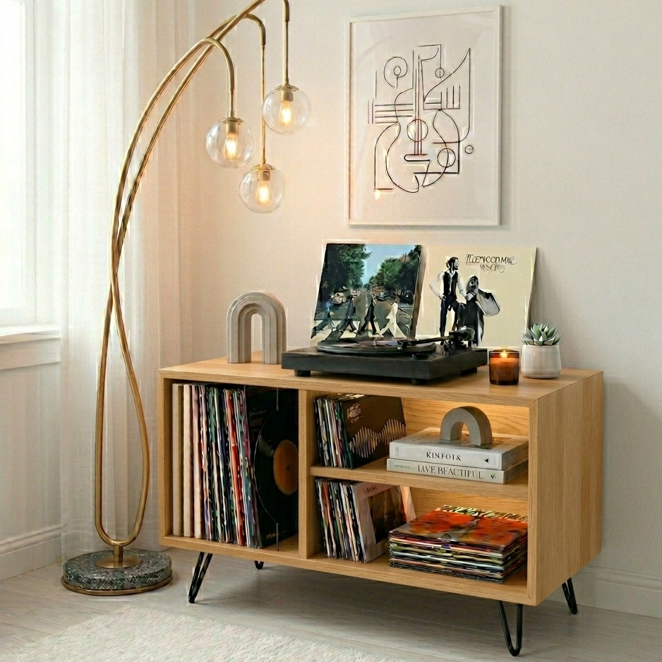 Mid Century Modern Record Player Stand | Vinyl Storage Cabinet | Wooden Turntable Stand