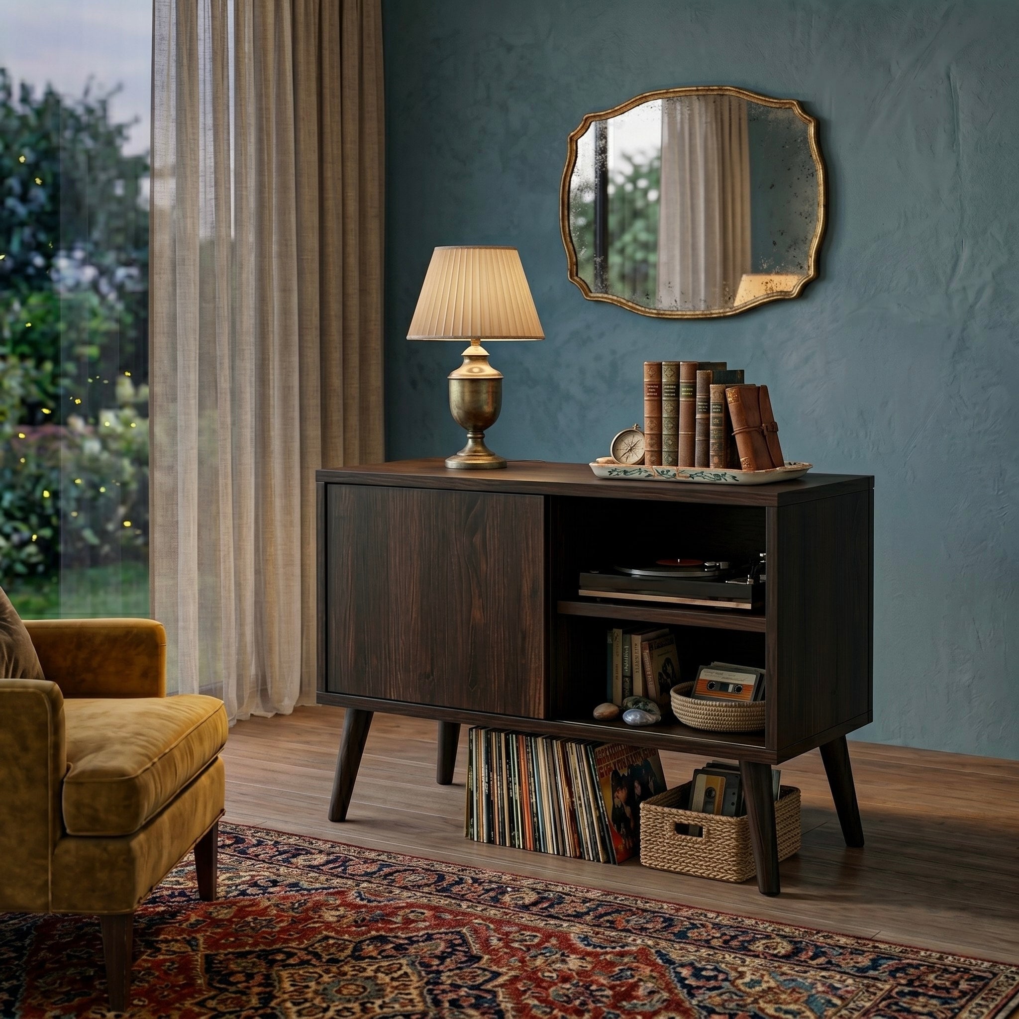 Modern Vinyl Record Stand | Wooden Turntable Storage Cabinet | Record Player Table