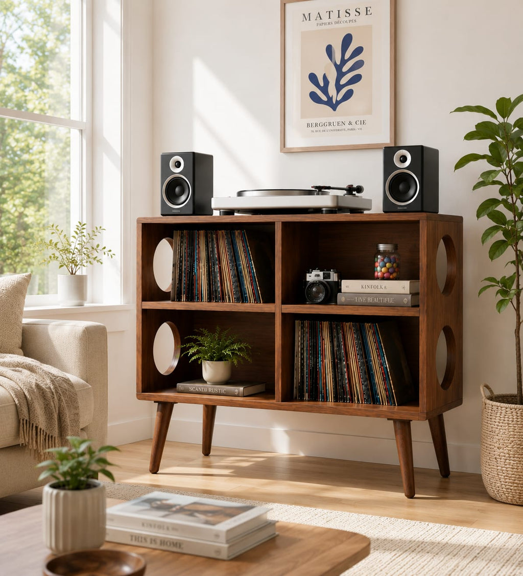 Mid Century Modern Vinyl Record Stand | Wooden Turntable Storage Cabinet | Record Player Table