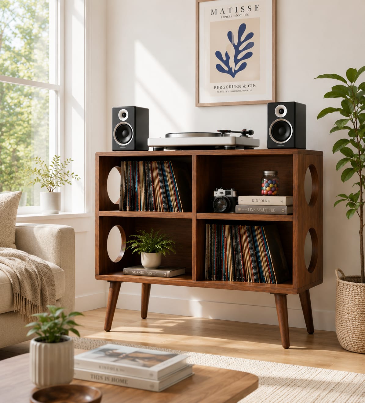 Mid Century Modern Vinyl Record Stand | Wooden Turntable Storage Cabinet | Record Player Table