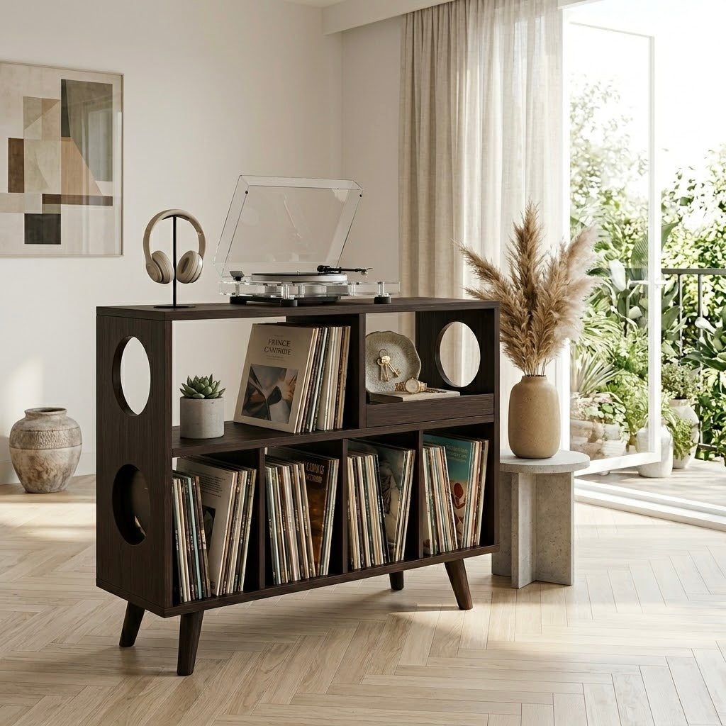 Record Player Stand with Vinyl Storage, Solid Wood Media Console, Mid Century Modern LP Record Cabinet