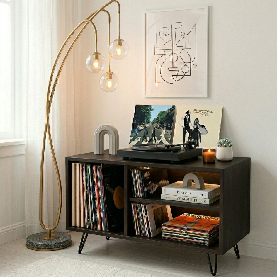 Mid Century Modern Record Player Stand | Vinyl Storage Cabinet | Wooden Turntable Stand