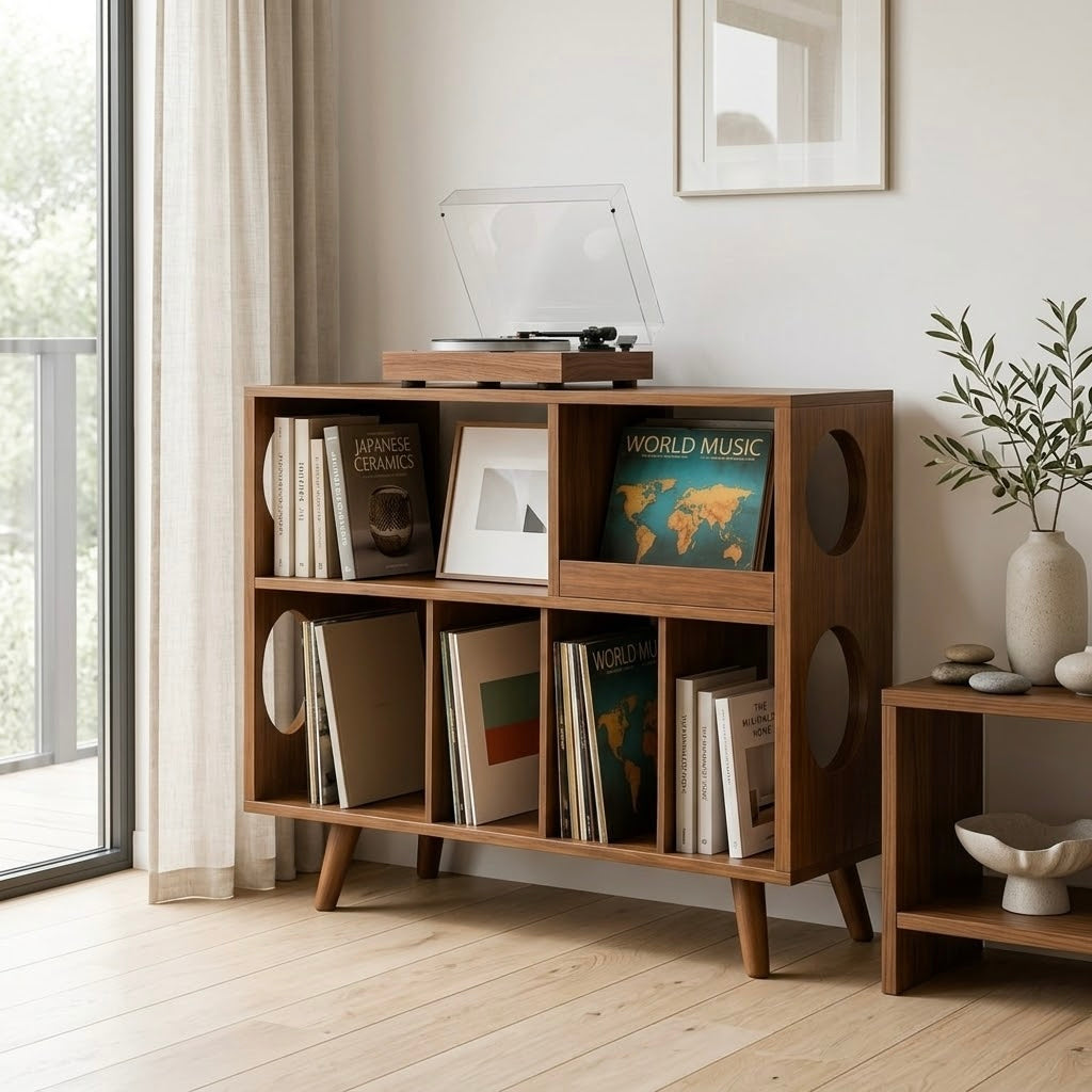 Record Player Stand with Vinyl Storage, Solid Wood Media Console, Mid Century Modern LP Record Cabinet