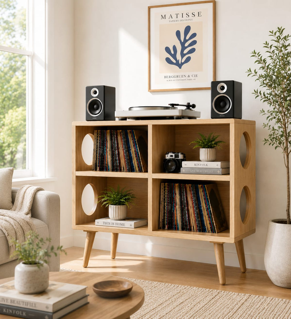 Mid Century Modern Vinyl Record Stand | Wooden Turntable Storage Cabinet | Record Player Table