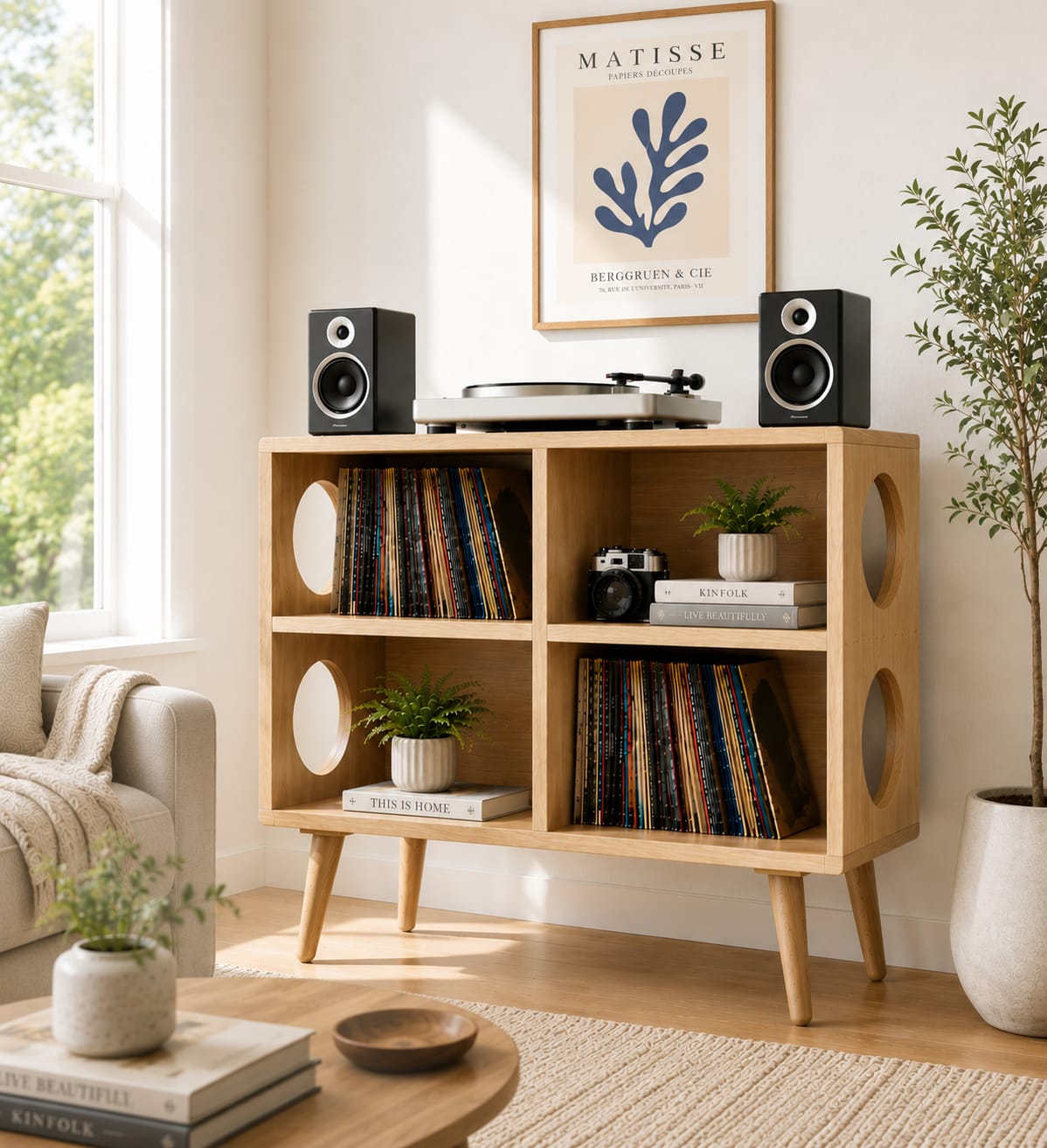 Mid Century Modern Vinyl Record Stand | Wooden Turntable Storage Cabinet | Record Player Table