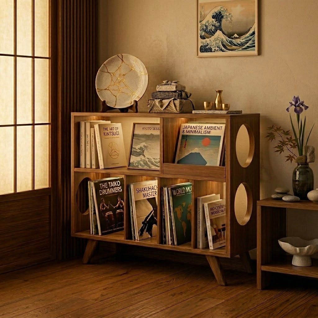 Record Player Stand with Vinyl Storage, Solid Wood Media Console, Mid Century Modern LP Record Cabinet